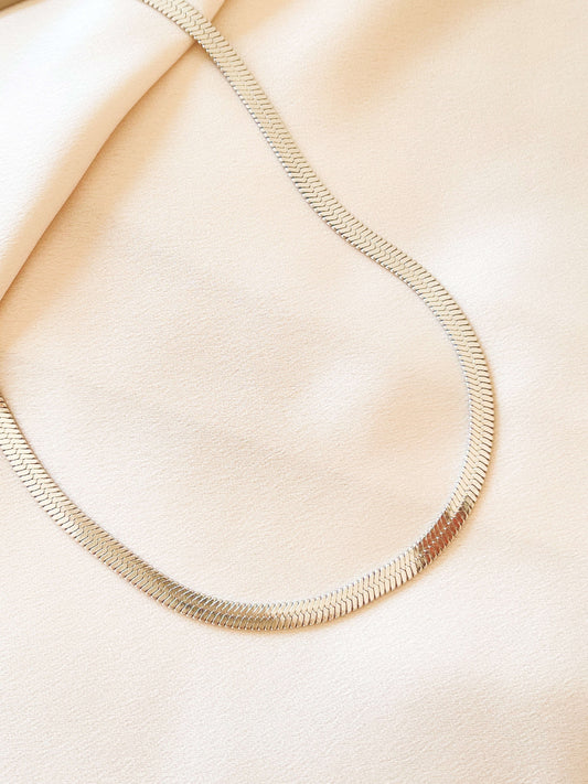 Silver Stainless Steem Herringbone Chain Necklace. Tarnish resistant and waterproof, perfect for everyday wear. Minimalist, dainty jewellery that every woman should own.